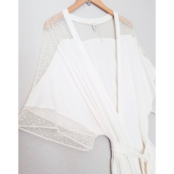 Eberjey Kimono Robe S Ivory Soft Modal Jersey Polka Dot Lace Mesh Inset Wrap Tie - Picture 12 of 15